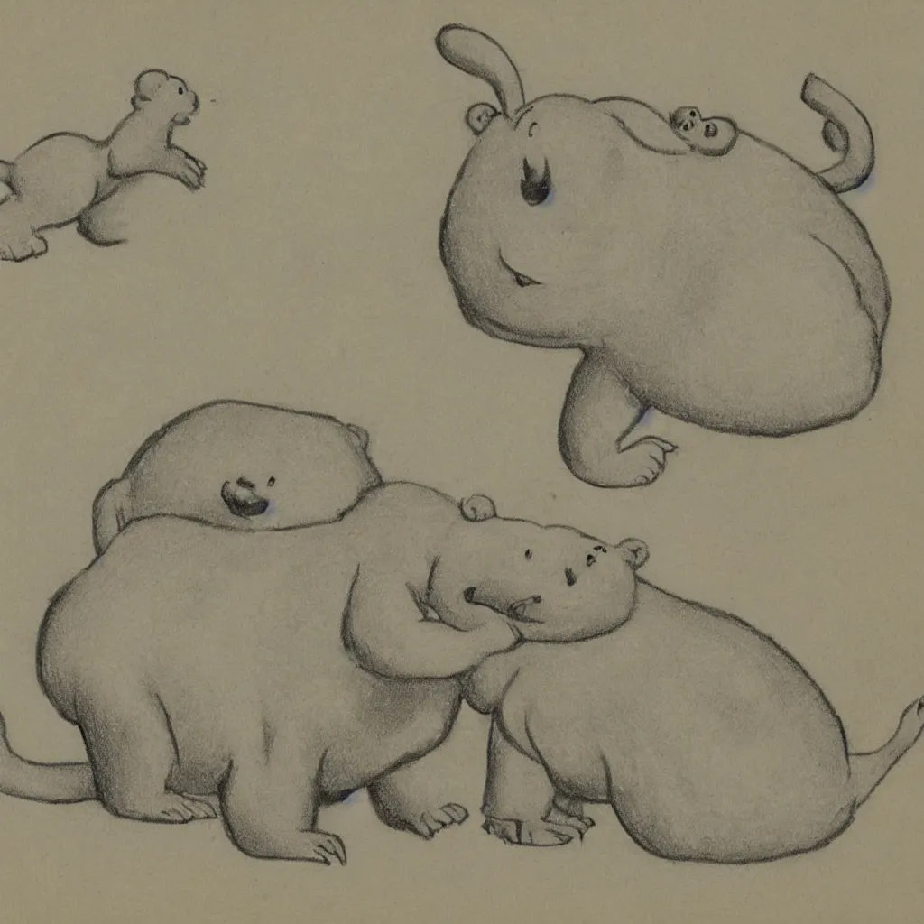 Prompt: drawing from 1 9 2 0's disney animation, white paper, monkey polar bear, fat rabbit frog