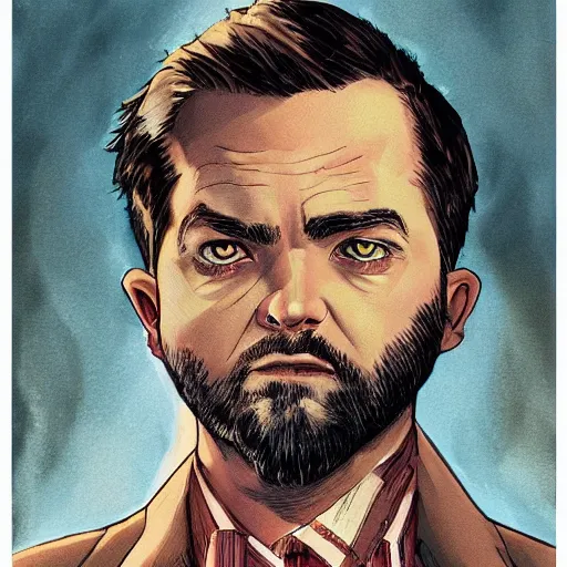 Image similar to beautiful portrait of a man with a short-beard (looking like joshua jackson and aaron paul), in the style of Enki Bilal and Joe Jusko and Alex Ross, trending on artstation