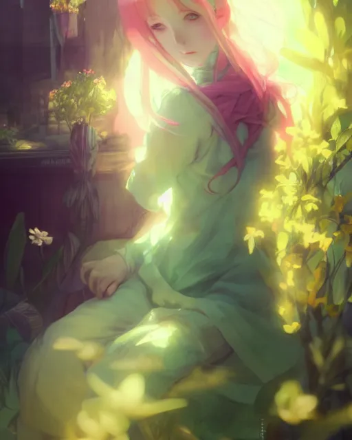 Image similar to girl with green hair and yellow clothing, flower decoration on the background, a beautiful half body illustration, top lighting, perfect shadow, soft painting, art by hidari and krenz cushart and wenjun lin