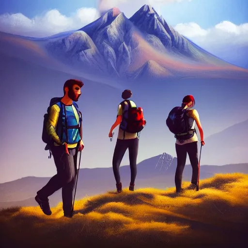 Image similar to of team in Armenia hiking at a weekend and posing with mountains on the background, the word Willow is in view like one in Hollywood, elegant, highly detailed, digital painting, volumetric light, artstation, concept art, smooth, sharp focus, illustration