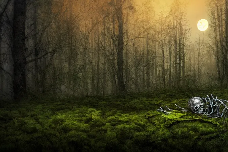 Prompt: a burning human skeleton behind computer overgrown with moss, in foggy forest, at night with moon light, dark atmosphere, fantasy, digital art