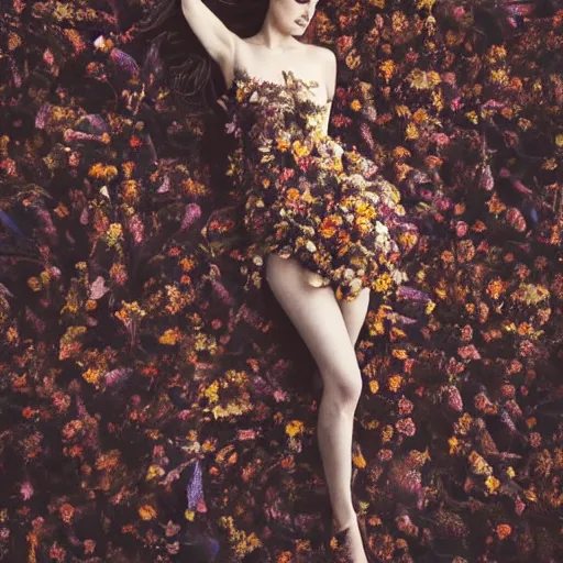 Image similar to full body fine art photo of the beauty gal gadot, she has a crown of dried flowers and is wearing a fashionist conceptaul dress made of dried roses, taken by oleg oprisco