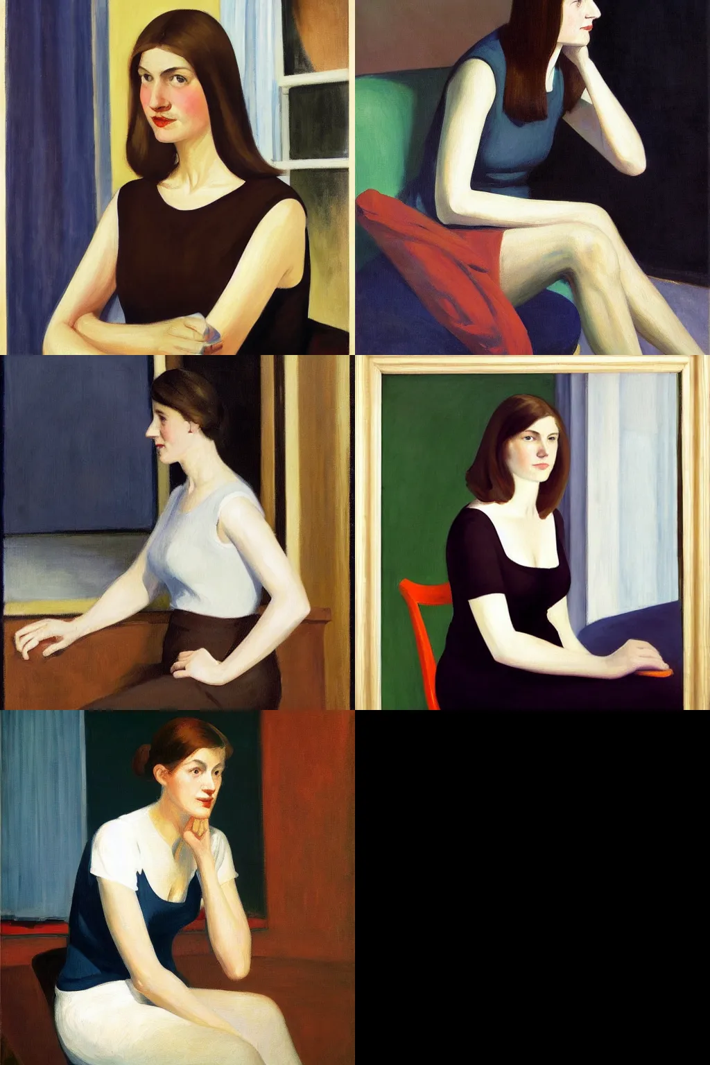Prompt: an hd painting of a woman by edward hopper. she has straight long dark brown hair, parted in the middle. she has large dark brown eyes, a small refined nose, and thin lips. she is wearing a sleeveless white blouse, a pair of dark brown capris, and black loafers.