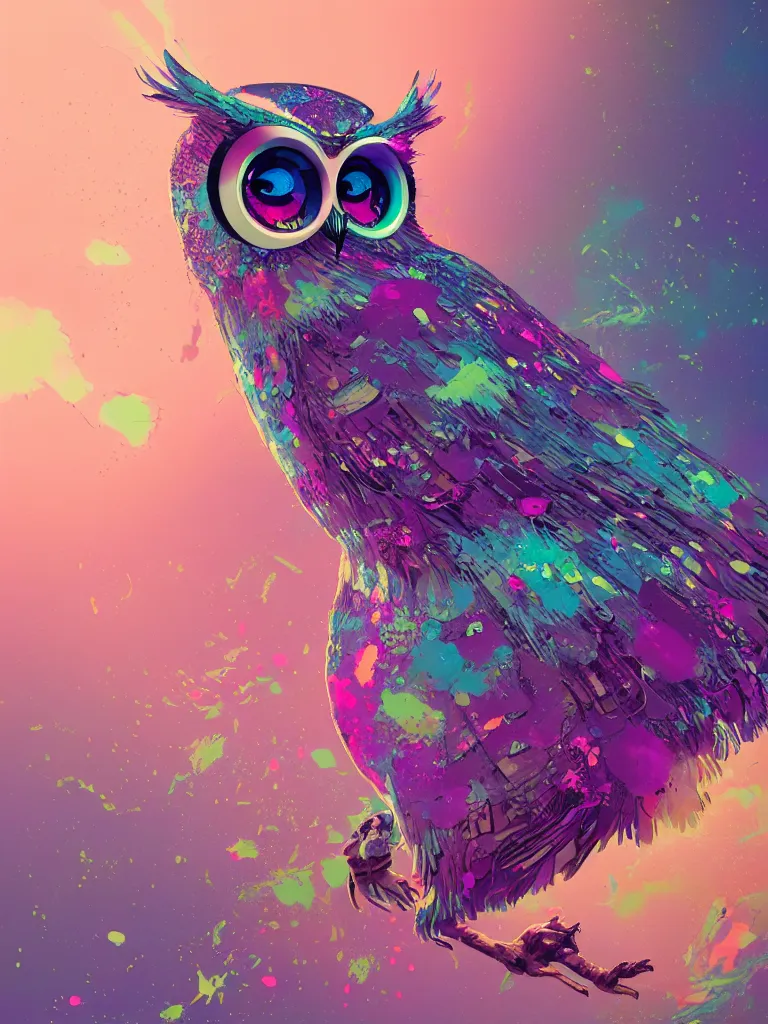 Image similar to a dreamy otherworldly 3 d render of wise owl, pixiv fanbox, dramatic lighting, maximalist pastel color palette, splatter paint, pixar and disney exploded - view drawing, graphic novel by fiona staples and dustin nguyen, peter elson, alan bean, wangechi mutu, clean cel shaded vector art, trending on artstation