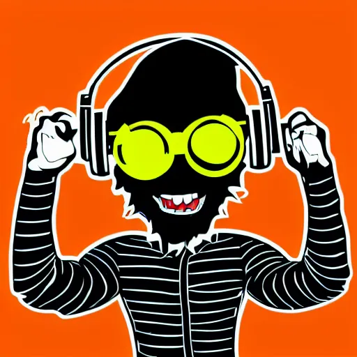 Image similar to svg vector sticker of absolutely insane-mad-scientist-villain, rocking out, wearing headphones, huge speakers, dancing, rave, DJ, spinning records, digital art, amazing composition, rule-of-thirds, award-winning, trending on artstation, featured on deviantart