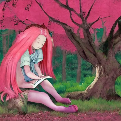 Image similar to little girl with long curly red hair dressed in a pink kimono and sitting next to a tree while reading a book, artwork made in street fighter art style inspired in balthus and made in abyss