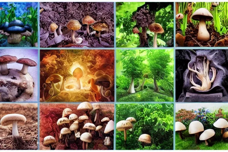 Image similar to the cycle of life shown through mushrooms, birth life aging death, love hate god devil, heaven hell,