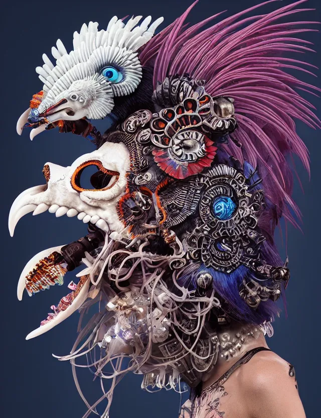 Image similar to 3 d coherent goddess close - up profile portrait punk with mohawk with ram skull. beautiful intricately detailed japanese crow kitsune mask and clasical japanese kimono. betta fish, jellyfish phoenix, bio luminescent, plasma, ice, water, wind, creature, artwork by tooth wu and wlop and beeple and greg rutkowski