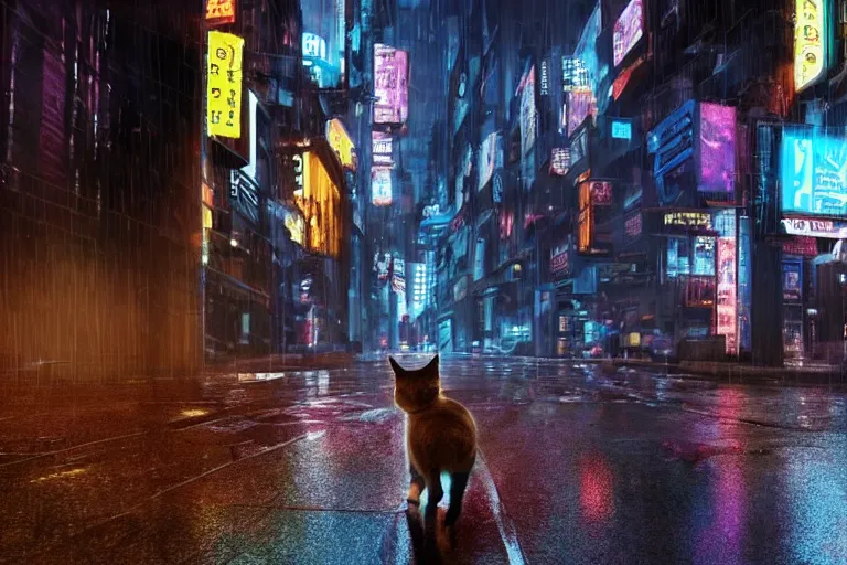 Image similar to futuristic VFX movie of a cat walking through a cyberpunk city rainy night natural lighting by Emmanuel Lubezki