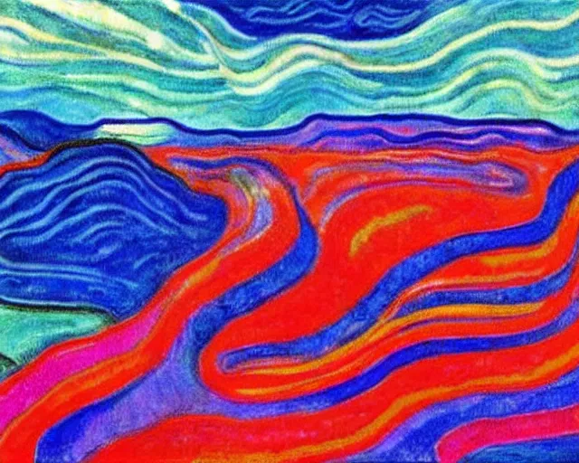 Prompt: Ocean waves in a psychedelic dream world. DMT. Curving rivers. Craggy mountains. Landscape painting by Edvard Munch. David Hockney. Zao . Minimalist.