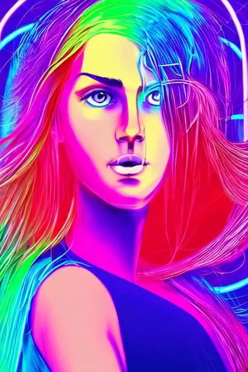 Image similar to a award winning half body portrait of a beautiful woman with stunning eyes in a croptop and cargo pants with rainbow colored ombre hairstyle head in motion and hair flying by thomas danthony, surrounded by whirling illuminated neon lines, outrun, vaporware, shaded flat illustration, digital art, trending on artstation, highly detailed, fine detail, intricate