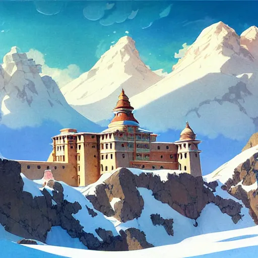 Prompt: a beautiful painting of huge ancient palace on the snow - capped mountains, clouds, in the style of studio ghibli, j. c. leyendecker, greg rutkowski, artem