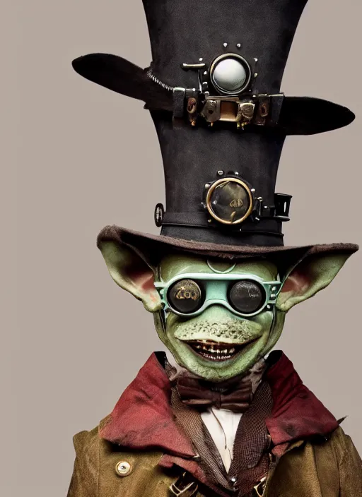 Image similar to closeup portrait of a steampunk medieval goblin wearing a top hat and goggles, depth of field, zeiss lens, detailed, symmetrical, centered, fashion photoshoot, by Annie Leibovitz and Steve McCurry, David Lazar, Jimmy Nelsson, Breathtaking, 8k resolution, extremely detailed, beautiful, establishing shot, artistic, hyperrealistic, beautiful face, octane render
