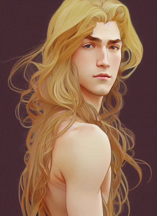 Image similar to pretty young man with shoulder length shiny shimmering golden blond hair, half body shot, path traced, highly detailed, high quality, digital painting, by studio ghibli and alphonse mucha, leesha hannigan, hidari, disney