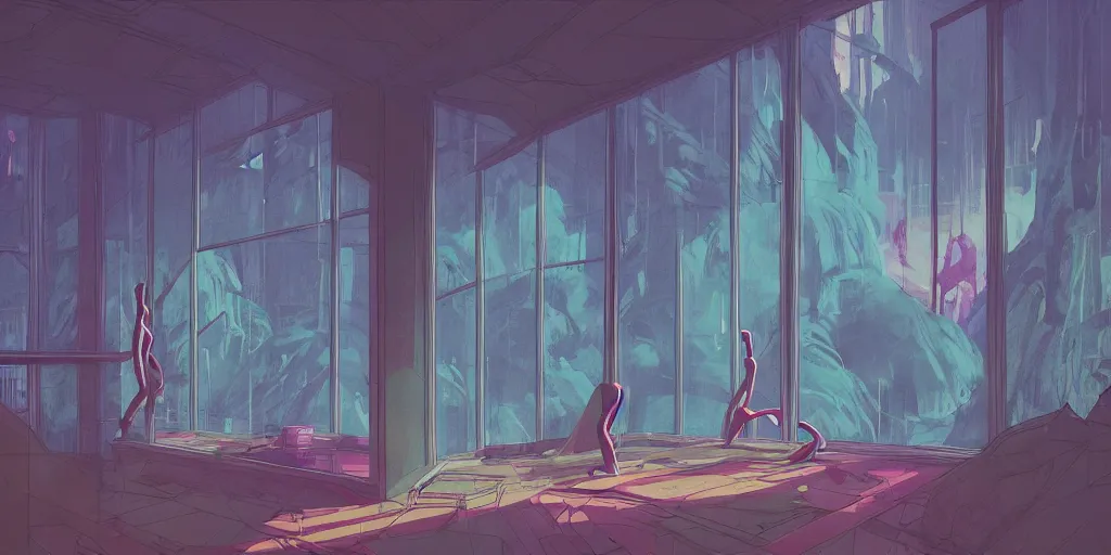 Prompt: 90s interior with organic windows, forest outside, in the style of Peter Chung, figures, bright fluorescent lights, neon colors, cinematic, cyberpunk, smooth, chrome, lofi, nebula, calming, dramatic, fantasy, by Moebius, by zdzisław beksiński, fantasy LUT, studio ghibli, high contrast, epic composition, sci-fi, dreamlike, surreal, angelic, 8k, unreal engine, hyper realistic, fantasy concept art,