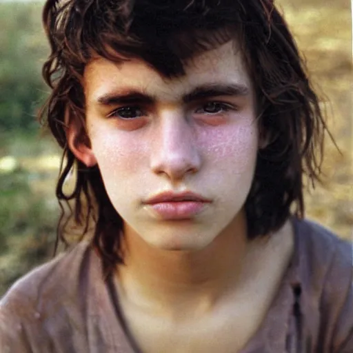 Prompt: a teenage boy, around 1 9 years old with natural brown hair, loincloth, pale skin. as homeless. detailed face. slums in background. natural color. hyperrealistic photo.