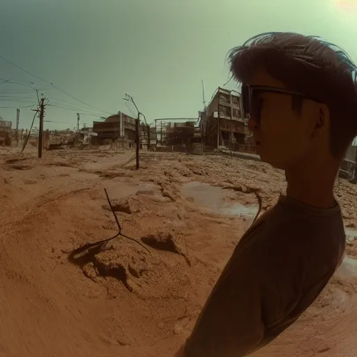 Image similar to a man looking at the sky, texture, brown mud, dust, tangled overhead wires, telephone pole, dusty, dry, pencil marks, genius party,shinjuku, koji morimoto, katsuya terada, masamune shirow, tatsuyuki tanaka  hd, 4k, remaster, dynamic camera angle, deep 3 point perspective, fish eye, dynamic scene