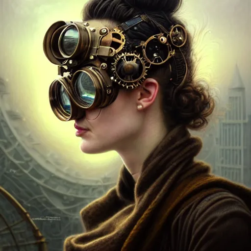 Image similar to closeup portrait shot of a glitched woman wearing steampunk goggles in a scenic dystopian environment, intricate, elegant, highly detailed, centered, digital painting, artstation, concept art, smooth, sharp focus, illustration, artgerm, tomasz alen kopera, peter mohrbacher, donato giancola, joseph christian leyendecker, wlop, boris vallejo