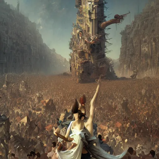 Image similar to hundreds of humans climbing on each other creating incredible surrealistic towers, highly detailed, digital painting, matte, sharp focus, art by wlop, greg rutkowski, alphonse mucha, frank frzetta, boris vallejo, bouguereau, beksinski, cinematic, octane render