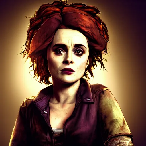 Image similar to helena bonham carter portrait, borderlands, tales from the borderlands, the wolf among us, comic, cinematic lighting, studio quality, 8 k