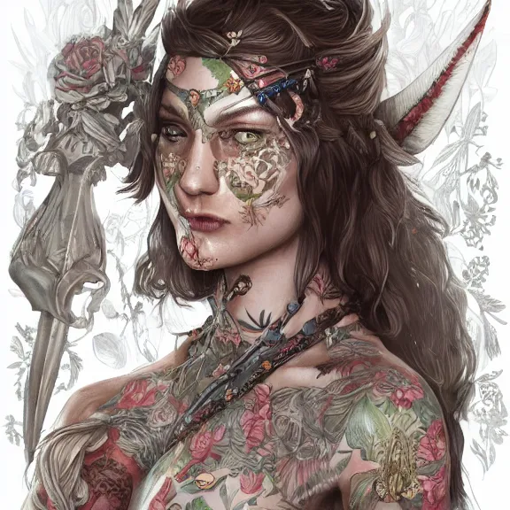 Image similar to Rebeca Ferguson as a female warrior, body covered in floral tattoos, D&D, fantasy, highly detailed, digital art, trending on artstation, smooth, sharp focus, illustration, art by Peter Tang and artgem