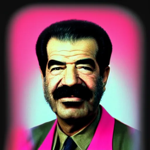 Image similar to rgb head shot of saddam hussein with a pink jacket, 8 k,