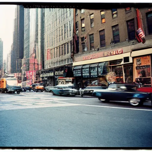 Prompt: analog medium format busy street photography in new york, 1 9 6 0 s, wide - angle, photographed on colour expired film, detailed photograph