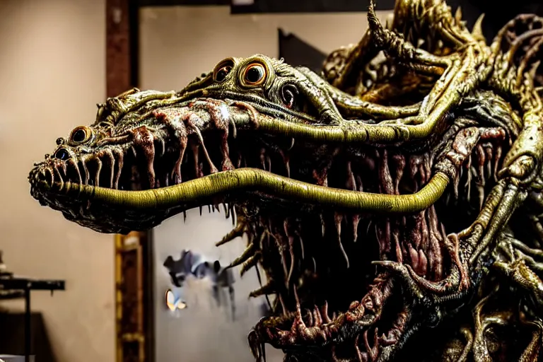 Image similar to wide angle photo taken of an epic intricate, ultra detailed, super realistic gritty, hero prop, exquisitely weathered animatronic movie prop of a lifelike sculpture of a wet, slimy nightmarish hellish alien creature displayed in the workshop, created by weta workshop, full body shot, photorealistic, sharp focus