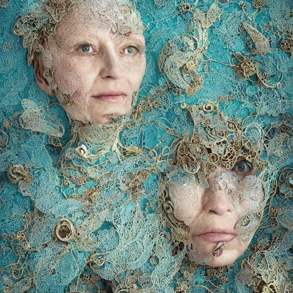 Prompt: cinema 4d colorful render, organic, ultra detailed, of beautiful porcelain old woman face, textured skin. biomechanical cyborg, analog, 35mm lens, closeup, beautiful natural soft rim light, big leaves, winged insects and stems, roots, fine foliage lace, turquoise gold details, Alexander Mcqueen high fashion haute couture, art nouveau fashion embroidered, intricate details, mesh wire, mandelbrot fractal, anatomical, facial muscles, cable wires, elegant, hyper realistic, in front of dark flower pattern wallpaper, ultra detailed, 8k post-production