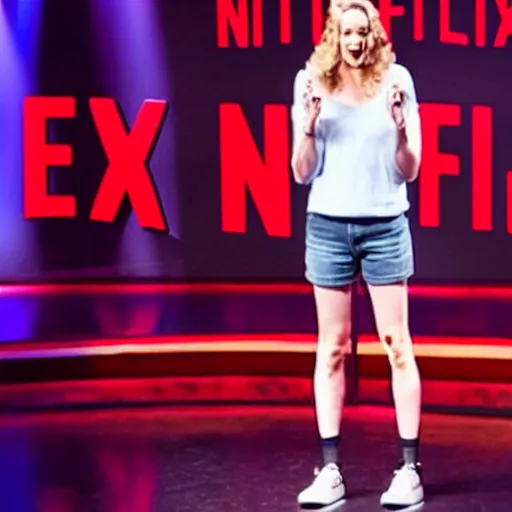 Prompt: film still of netflix comedy special. 3 8 - year - old, short height, good - looking, standup comedian, skateboarder style, pale complexion, female, irish and italian and jewish descent, fit, on stage, laughing, telling jokes