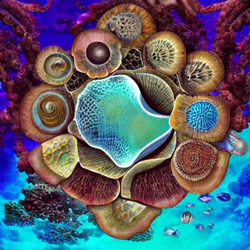 Image similar to underwater Corral Reef, seashells, ocean, Abstract, sacred geometry fungi, seahorse, high detail, photorealistic, surrealism, Flower of life