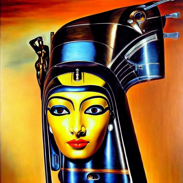 Image similar to a beautiful painting cyberpunk robot queen of egypt face, by salvador dali realistic oil painting