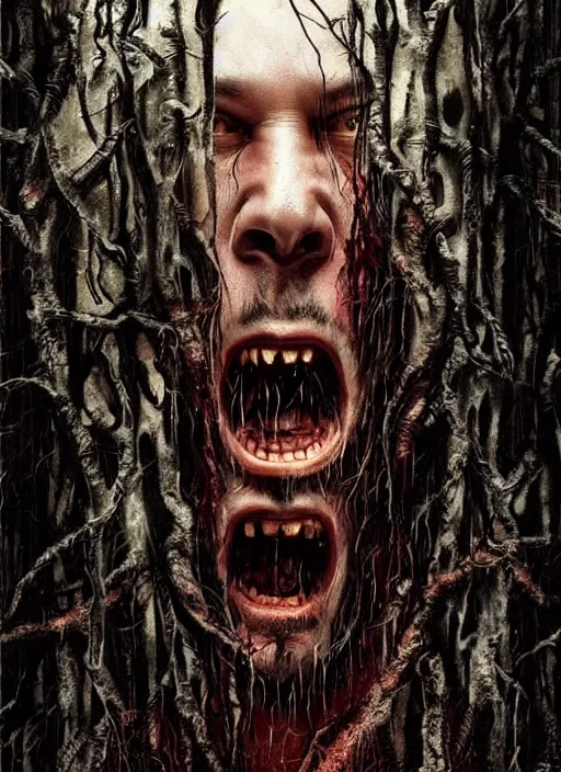 Image similar to highly detailed horror movie poster with angry creepy keanu reeves as a tree, keanu reeves faces in the bark of many trees sentient leafy catastrophe by greg rutkowski, masterpiece, really funny, 1 0 / 1 0 creepy