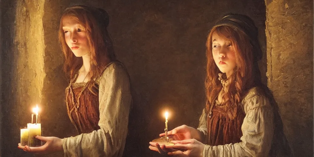 Prompt: Highly detailed and cinematic romantic period oil painting of a medieval peasant girl holding a candle, strong atmosphere, oil painting masterpiece by Josep Tapiró Baró, symmetry, fractals