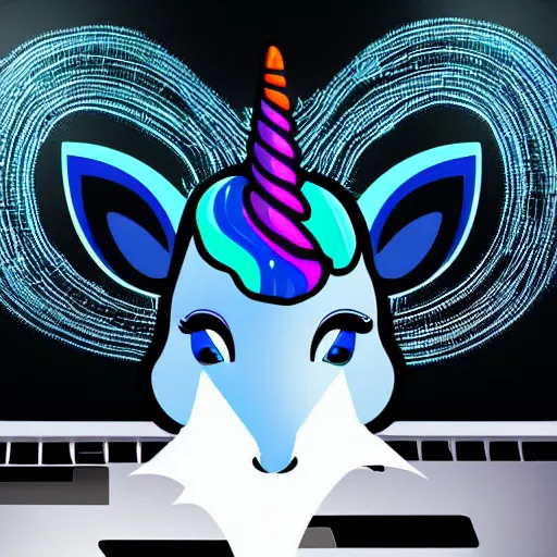 Image similar to a unicorn hacking a computer, digital art