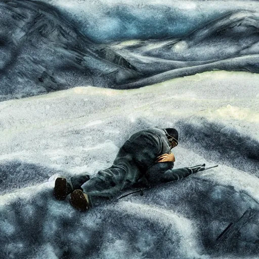 Image similar to a wide shot of a sad sniper laying on a mountain, digital art, acrylic, frost, cold, ice, scared, wind, storm, hiding, gloomy, tired,