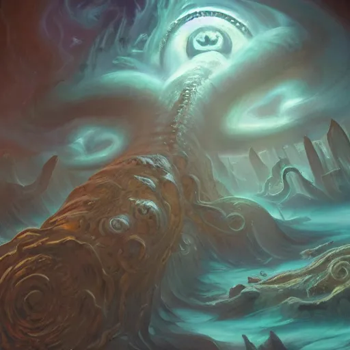 Prompt: a continent that is actually lovecraftian old god with everdreams hunting ground oil painting. oil on canvas. award winning. dramatic. trending on artstation 8 k