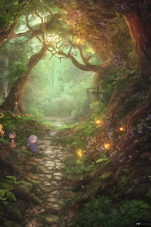 Image similar to forest path, fairy, beautiful ancient trees, hiding large treasure chest, glowing fireflies, serene evening atmosphere, soft lens, soft light, cel - shading, animation, in the style of cgsociety, deviantart, artstation, zbrush, cinema 4 d, studio ghibli, akihiko yoshida, atelier lulua, masamune shirow