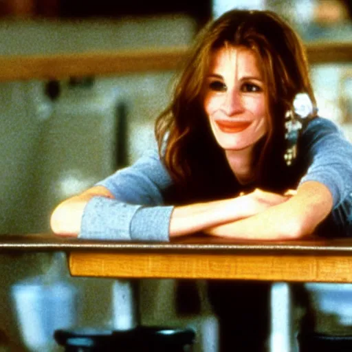 Prompt: Julia Roberts as a student sitting in a bar, stills photo from the movie Good Will hunting