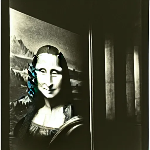 Image similar to Mona Lisa watching over ancient machines, 35mm found footage, occult underexposed photography by Edward Weston