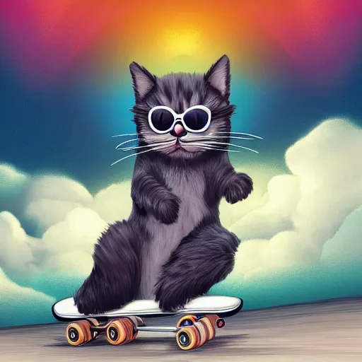 Prompt: A fluffy cat standing on its back legs, wearing high top sneakers and sunglasses, riding a skateboard, digital art