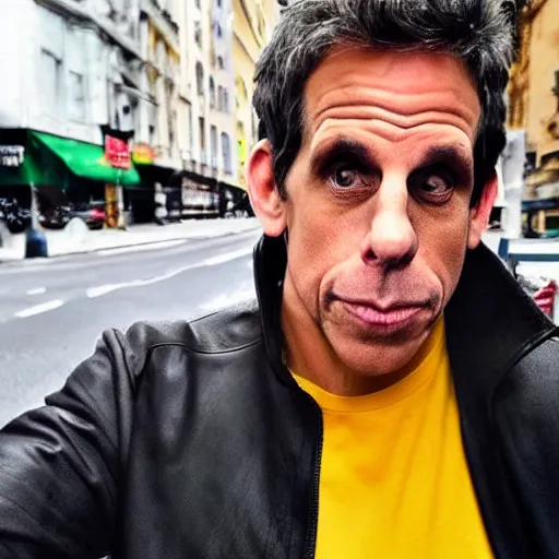 Prompt: a selfie of ben stiller sad because he got mustard on his shirt