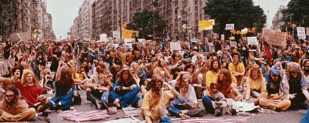 Prompt: hippies protesting spaghetti, 1 9 6 0's, high detail, canon 5 0 mm, wes anderson film, kodachrome