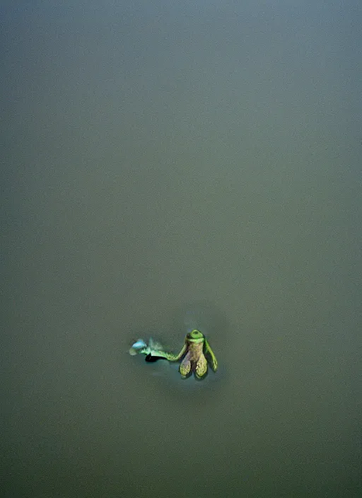 Image similar to semi translucent smiling frog amphibian hovering over misty lake in Jesus Christ pose, cinematic shot by Andrei Tarkovsky, paranormal, spiritual, mystical