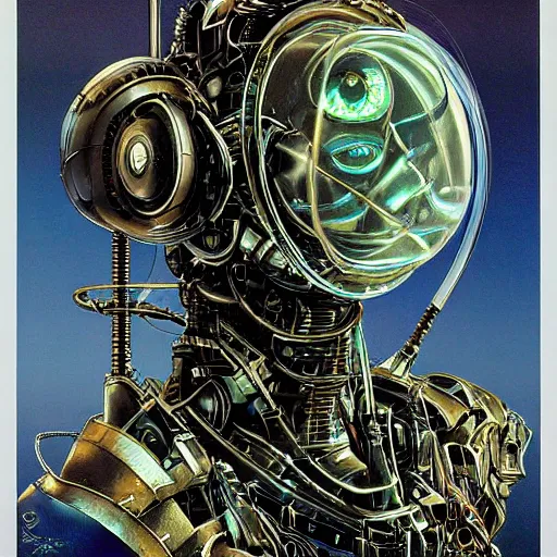 Prompt: simple concept art portrait of an intricately designed defense robot. an award winning yoshitaka amano poster. a masterpiece by james gurney. deep color.