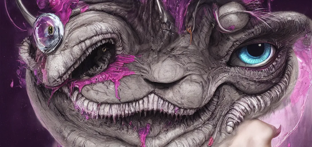 Image similar to dream portrait of Cheshire Cat from Alice in Wonderland,full character, melting ,8k,by tristan eaton,Stanley Artgermm,Tom Bagshaw,Greg Rutkowski,Carne Griffiths, Ayami Kojima, Beksinski, Giger,trending on DeviantArt,face enhance,hyper detailed,minimalist,horror, android, full of colour