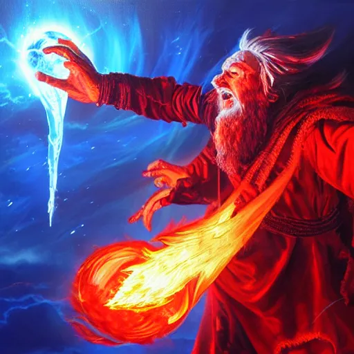 Image similar to Highly detailed oil painting, concept art, of a wizard casting a fireball spell, fighting against a huge ice giant, red and blue color scheme, concept art, highly detailed.