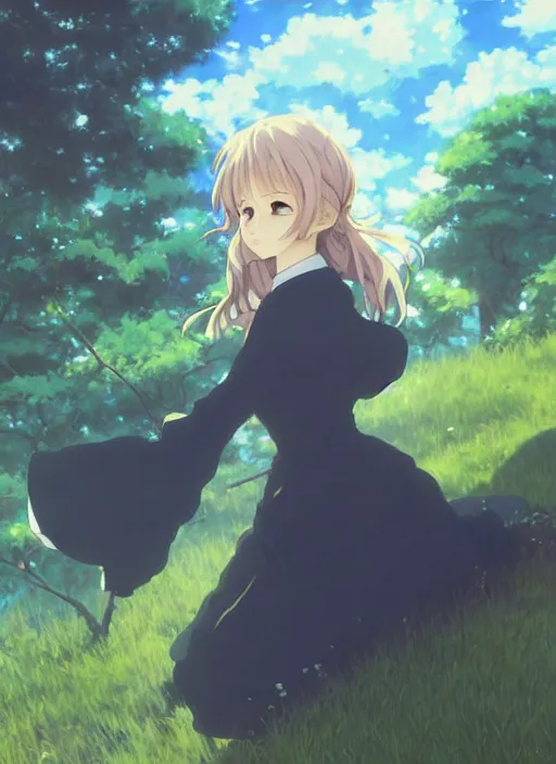 Prompt: Painting of a cottagecore witch in the style of Violet Evergarden, beautiful anime art style, winged eyelashes, countryside, calm, fantasy character portrait, dark outlines, dynamic pose, above view, sunny day, artwork by Makoto Shinkai, very coherent asymmetrical artwork, sharp edges, perfect face, simple form, 100mm