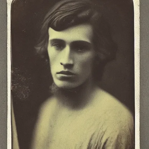 Prompt: tintype photo of alyosha karamazov, handsome young russian student, by julia margaret cameron 1 8 8 0 s, realistic, body shot, sharp focus, 8 k high definition, insanely detailed, intricate, elegant