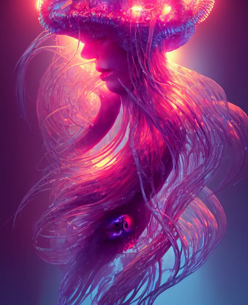 Image similar to goddess close-up portrait. orchid jellyfish phoenix head, nautilus, skull, betta fish, bioluminiscent creatures, intricate artwork by Tooth Wu and wlop and beeple. octane render, trending on artstation, greg rutkowski very coherent symmetrical artwork. cinematic, hyper realism, high detail, octane render, 8k